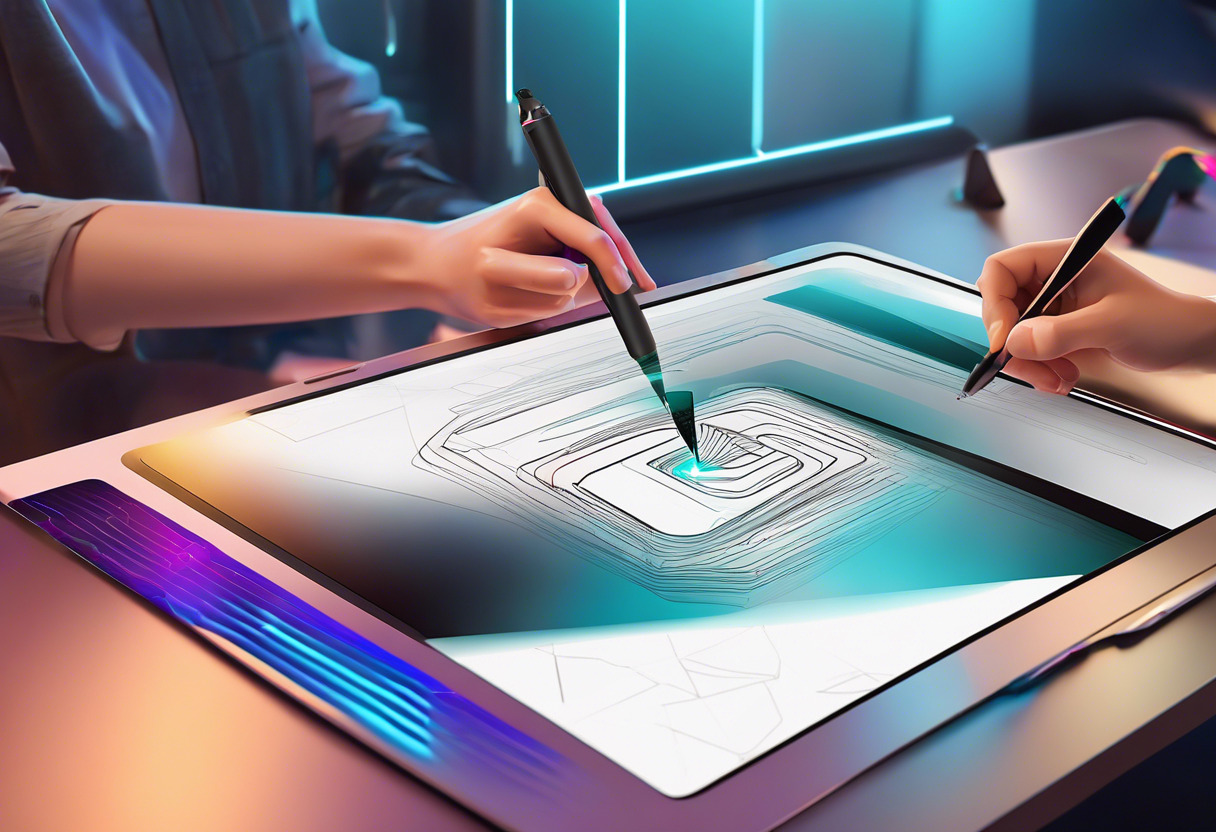 Creative artist with a stylus, engrossed in designing immersive AR experiences on a digital drawing tablet, Adobe Aero interface glowing brightly.