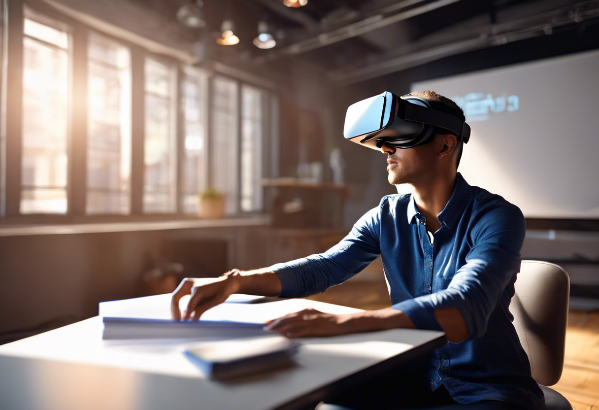 Design professional using Gravity Sketch on a VR headset in a creative studio environment