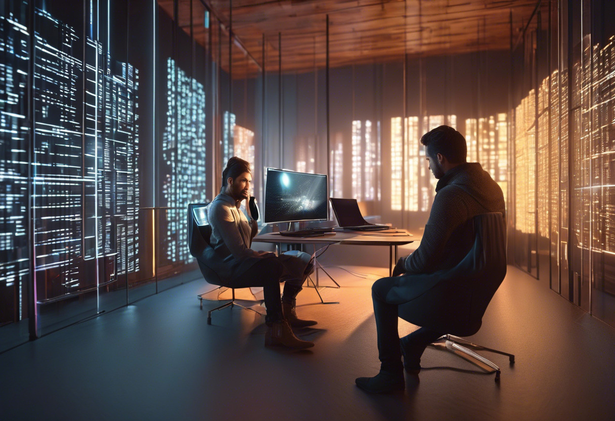 Developers pondering over code, light omitting from a matrix of screens.