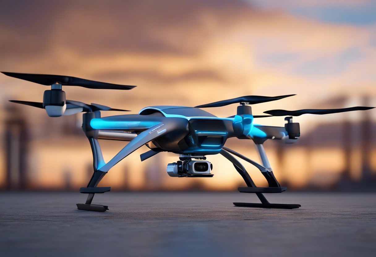 Drone developer programming UAV in a modern tech start-up