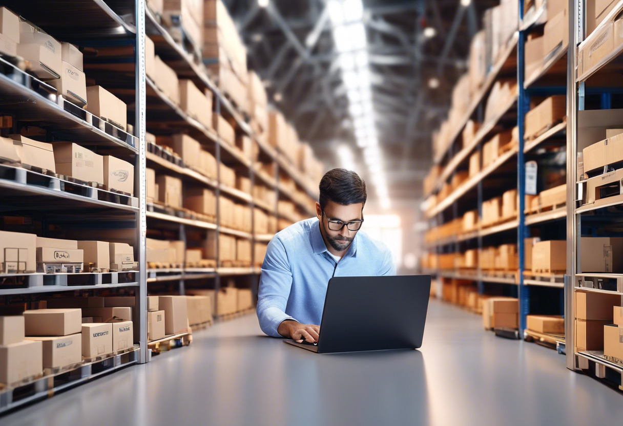 E-commerce merchant examining data on laptop, standing in front of an array of products ready for dispatch in a spacious warehouse