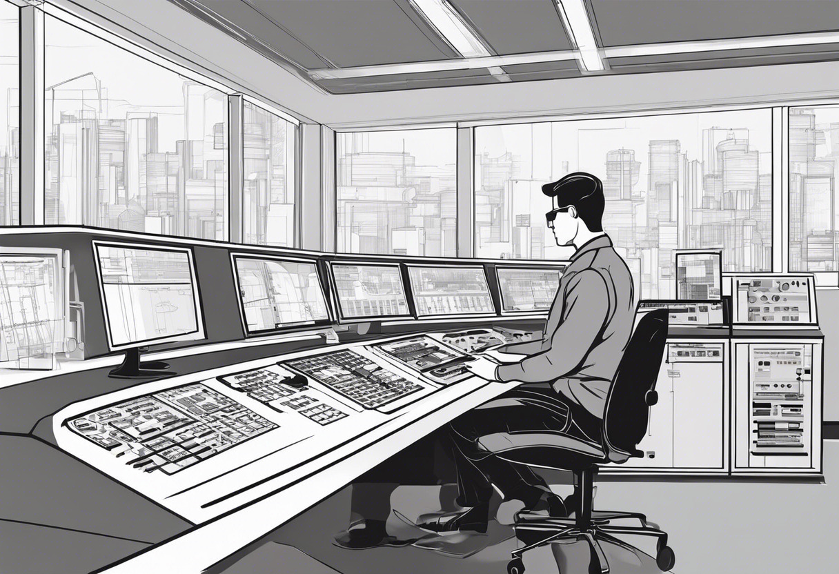 Engineer in control room monitoring process plant