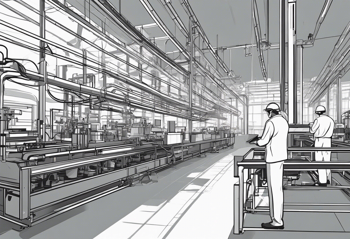 Engineer inspecting an automated assembly line in a brightly lit factory