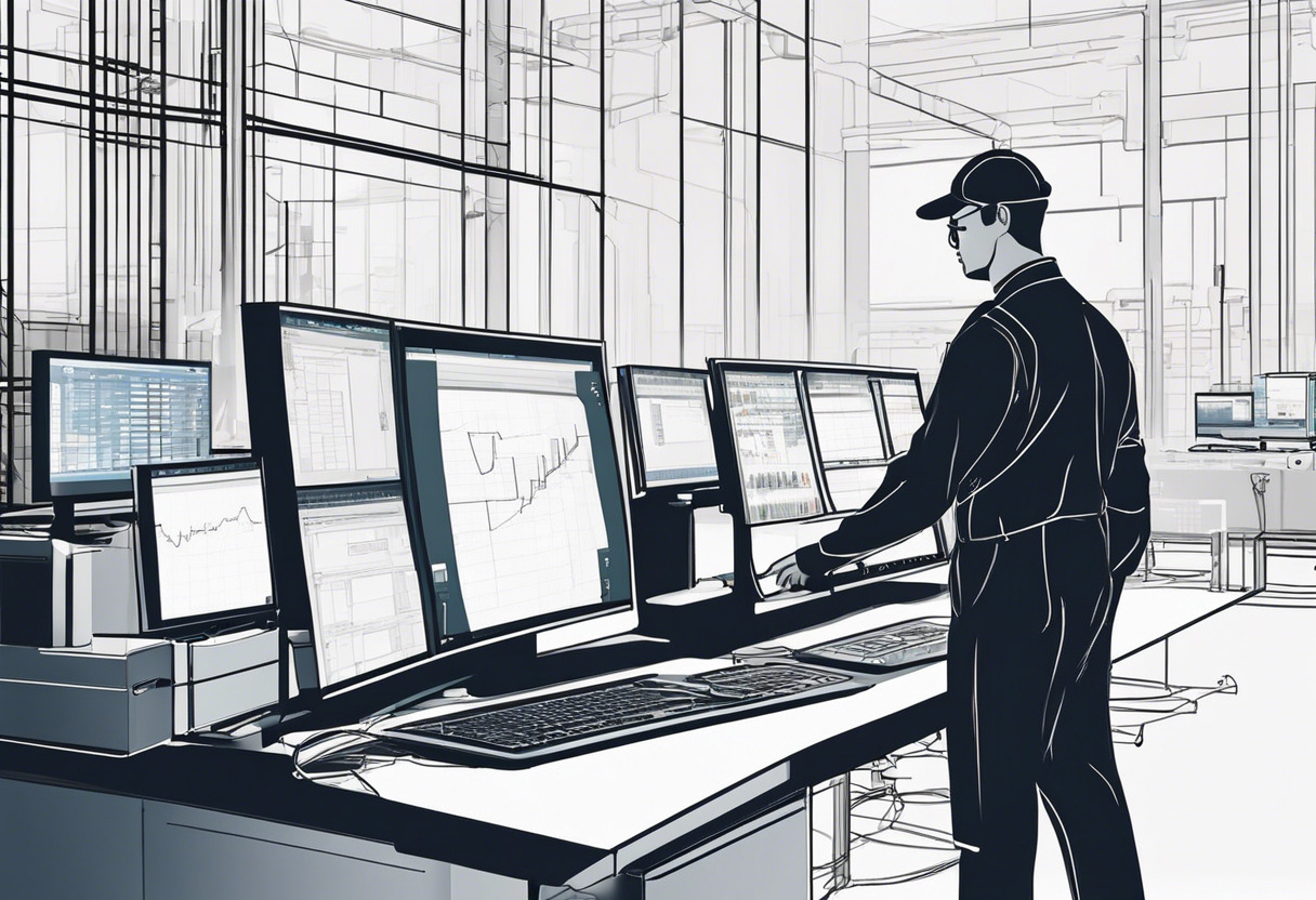 Factory automation engineer monitoring PLC controlled system on computer screen