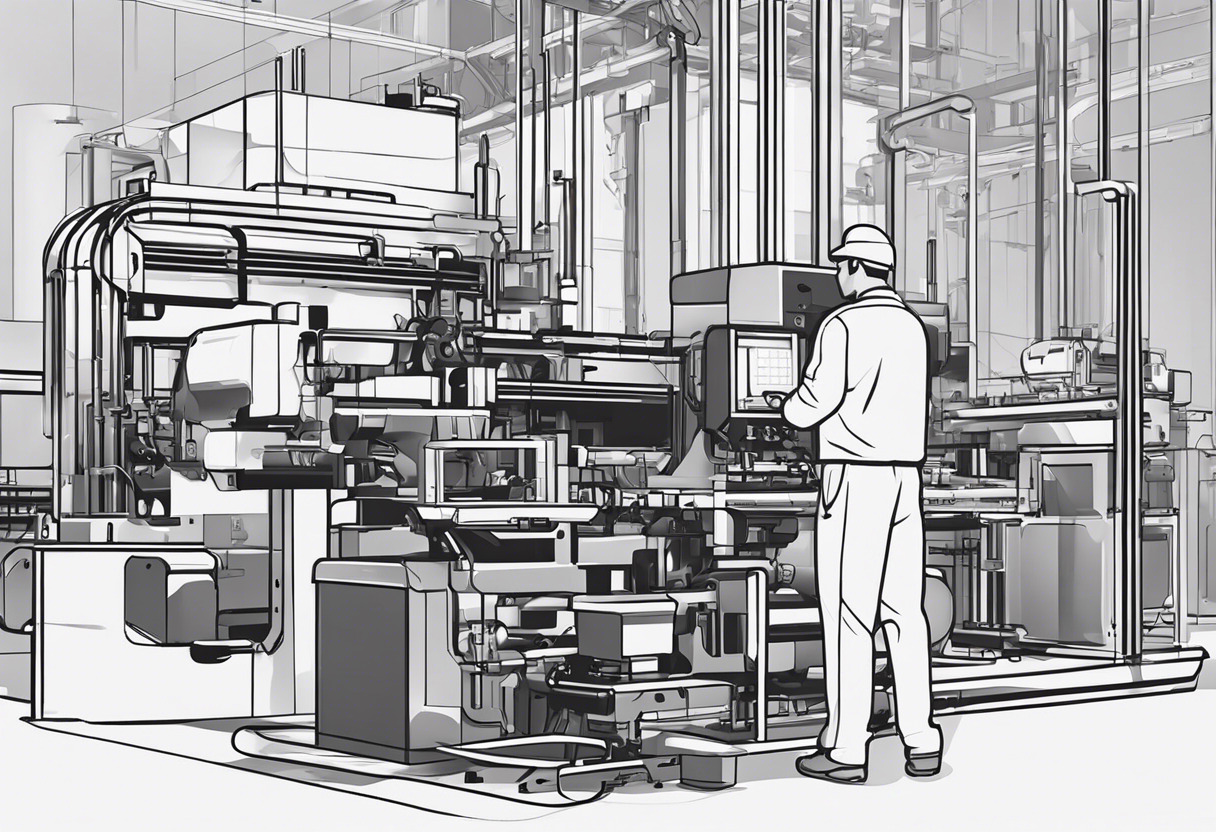 Factory worker overseeing automated machinery run by PLC system