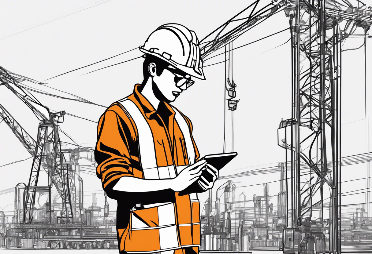 Field worker inspecting an utility equipment with a tablet in hand.