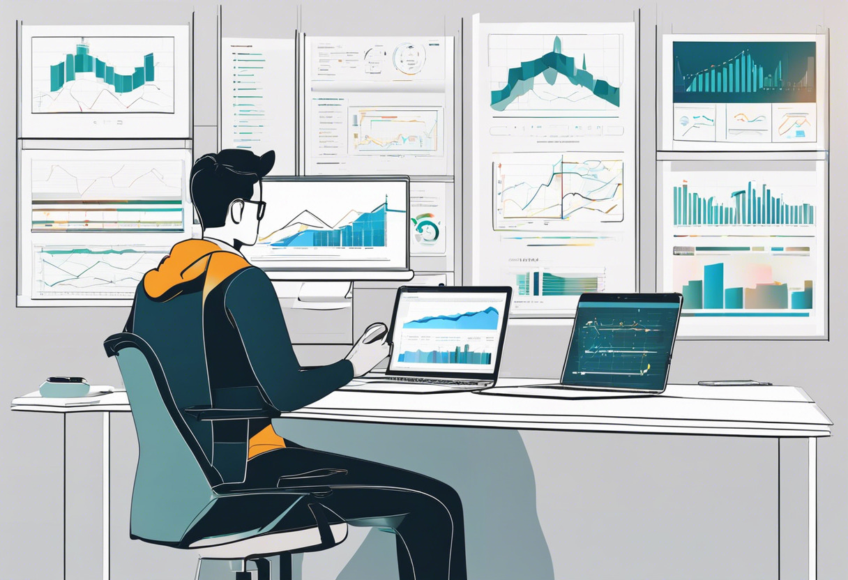 Focused IT developer crafting code, multiple screens displaying data, charts