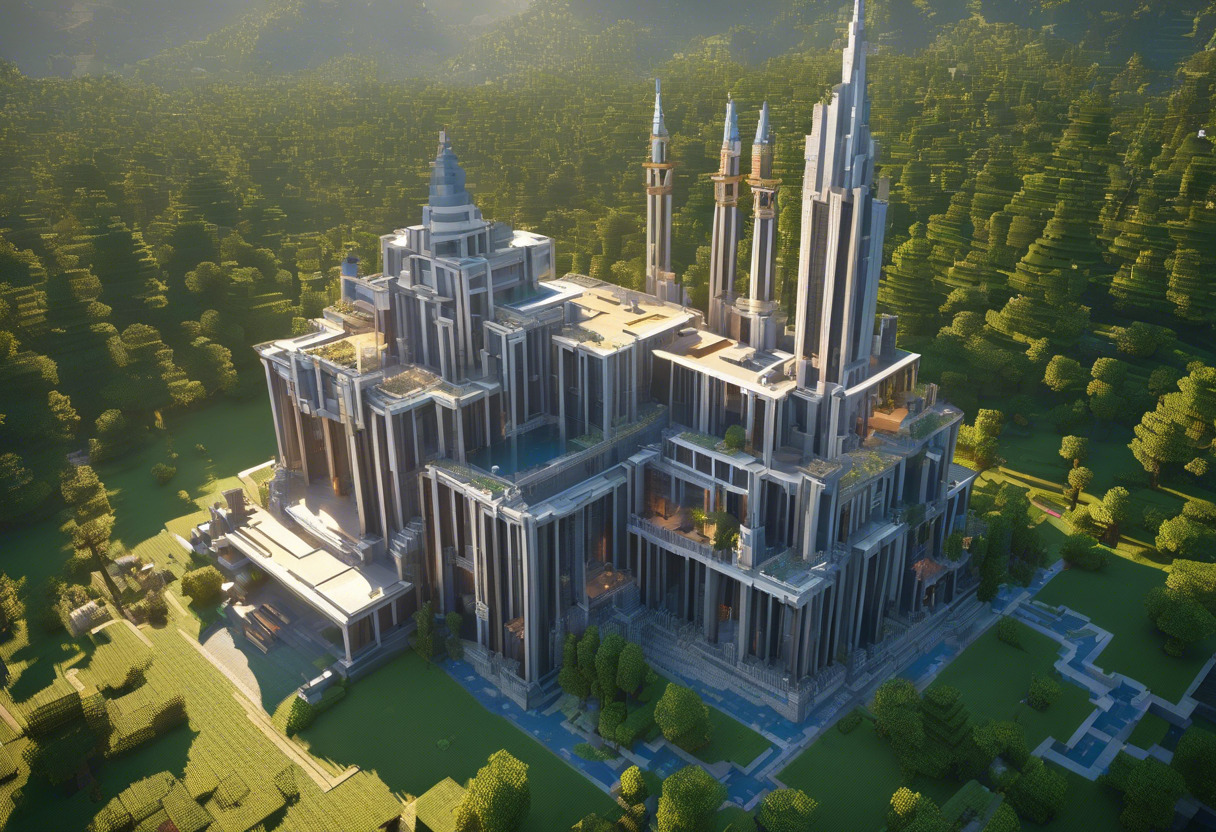 Game creator meticulously constructing a monumental structure in Minecraft