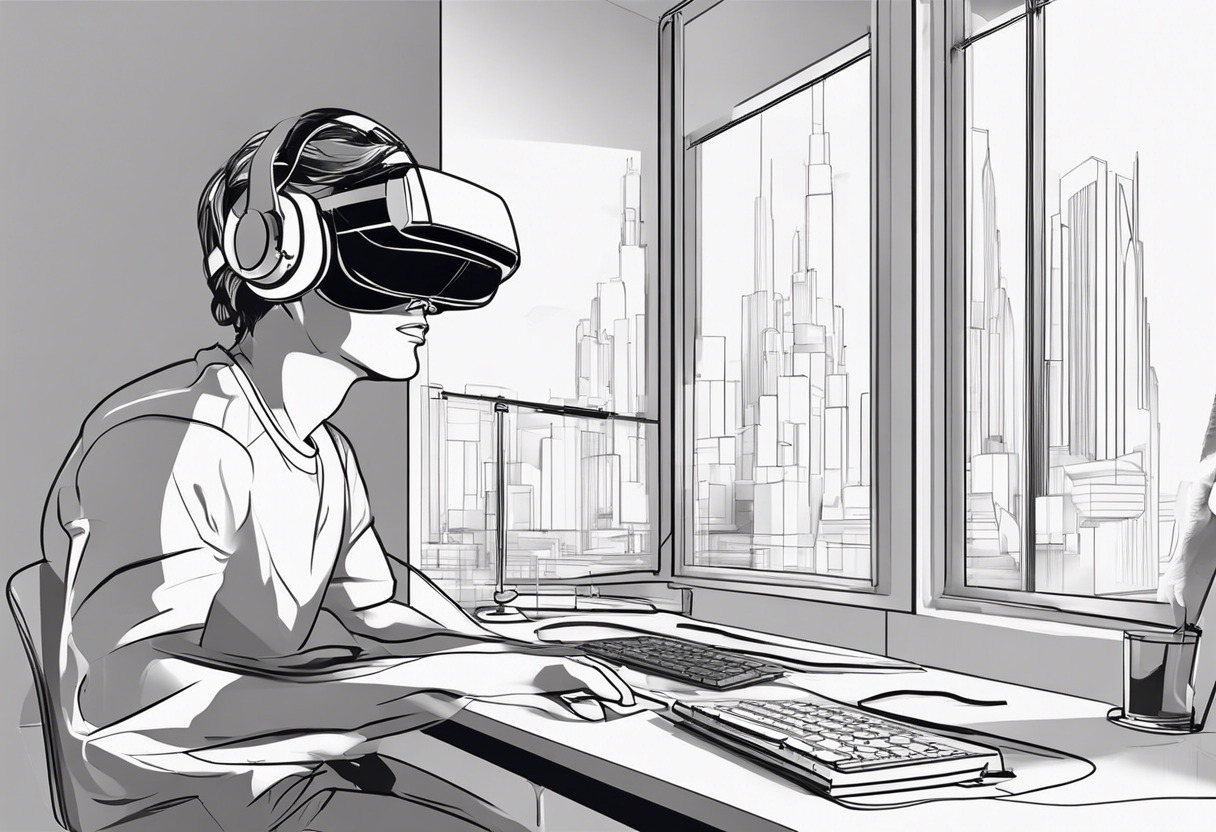 game developer experimenting with virtual reality hardware in a modern design studio