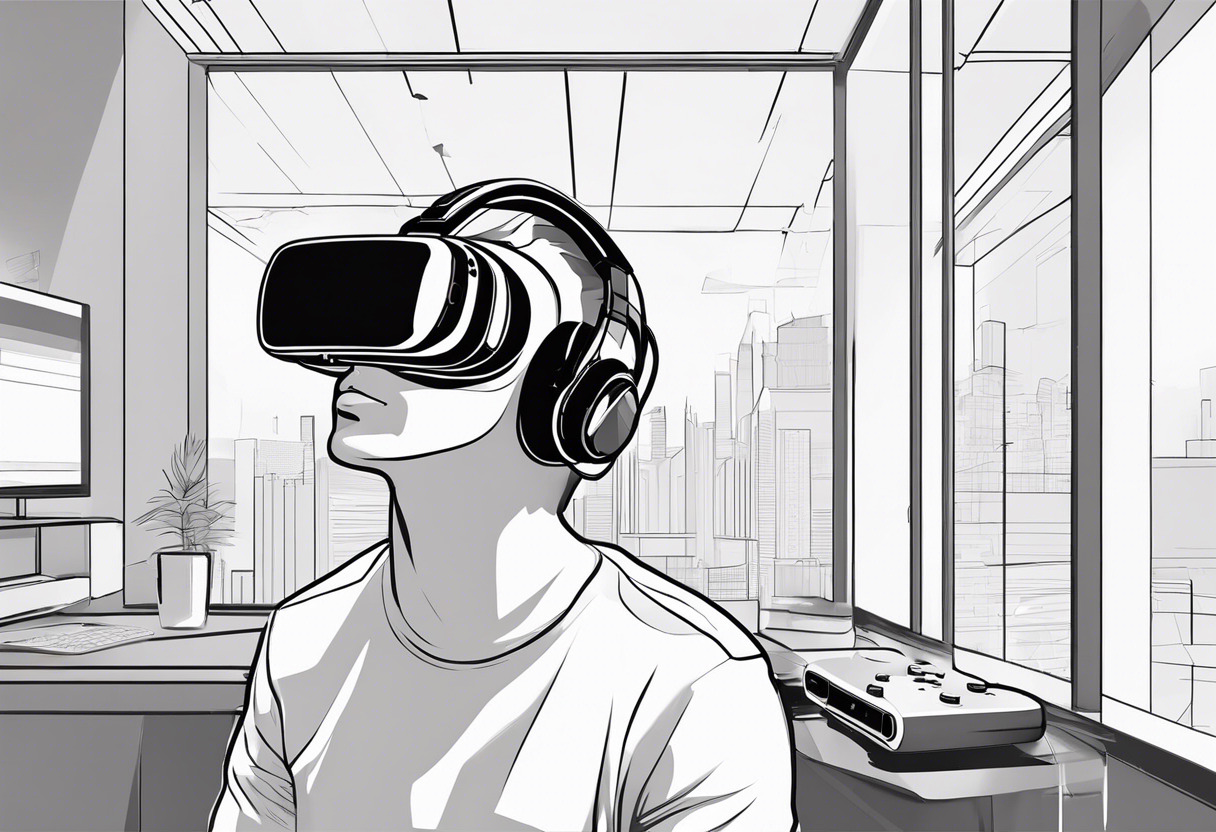 game developer immersed in a virtual reality environment created via a VR headset and controller