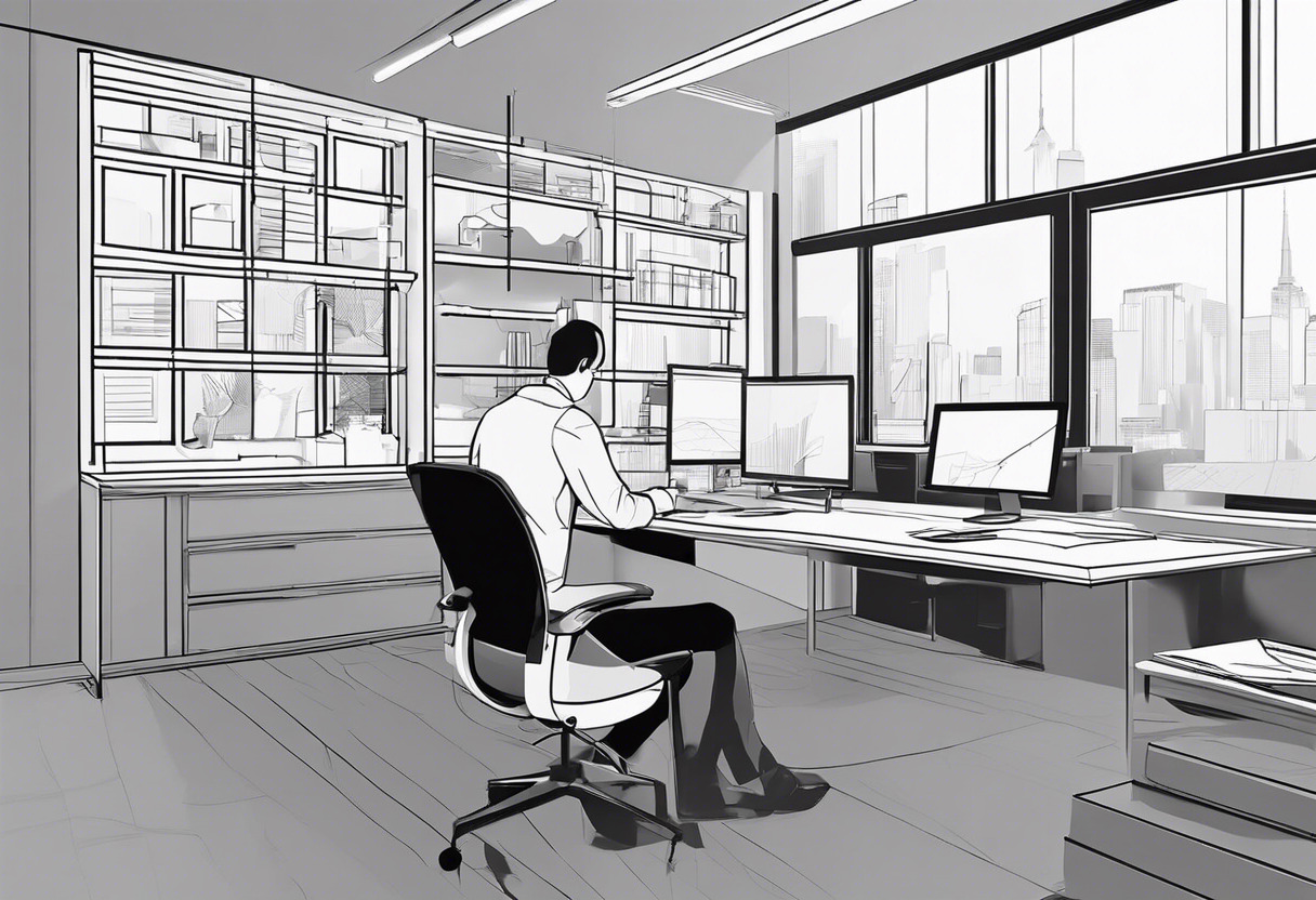 Graphic designer working on a complex design using the canvas tool in a B&W office