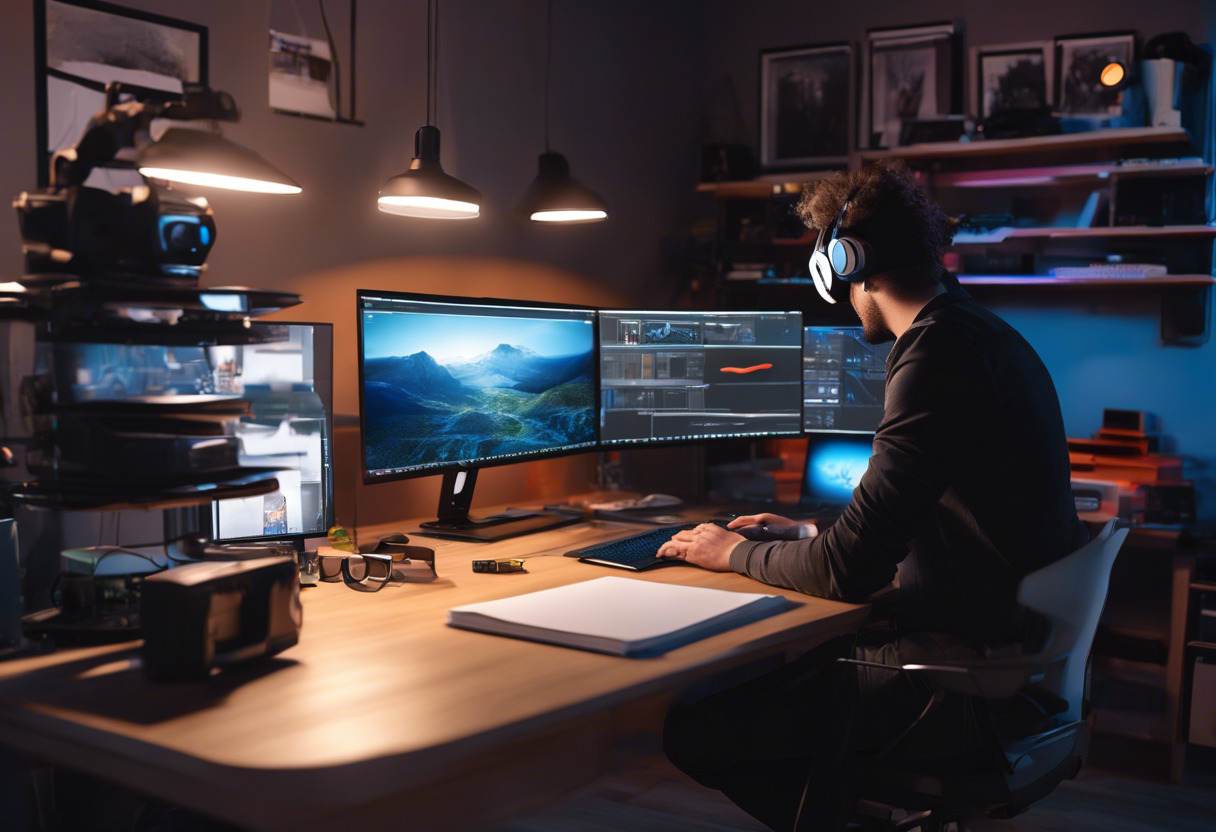 Indie creator brainstorming over a high-tech desk laden with VR equipment