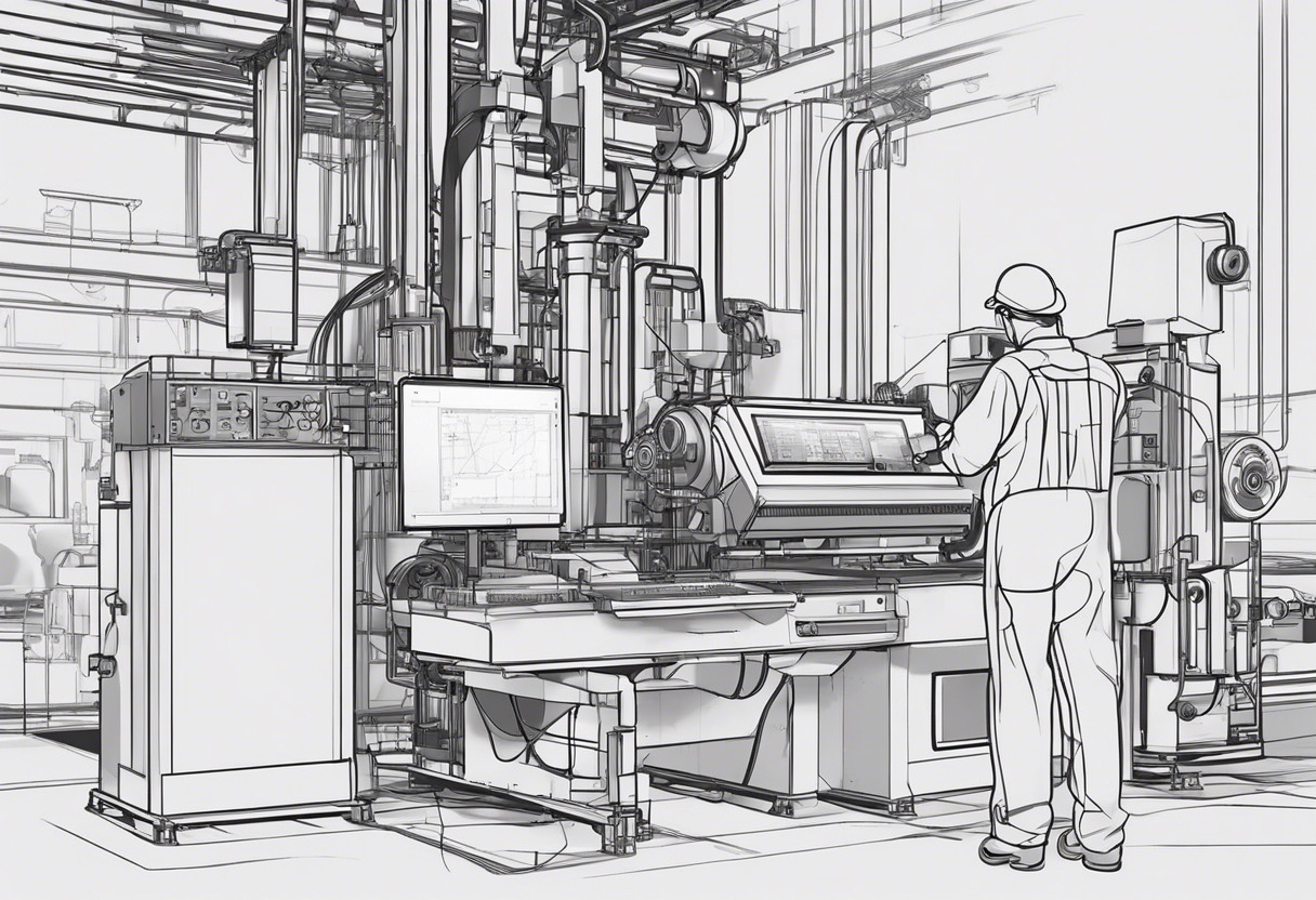 Industrial machinery in action, overseen by a worker manipulating a SCADA interface