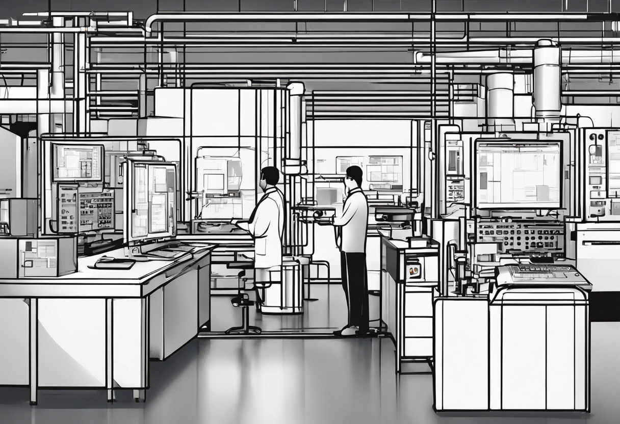 Industrial Technologist strategizing control operations in a factory setting.