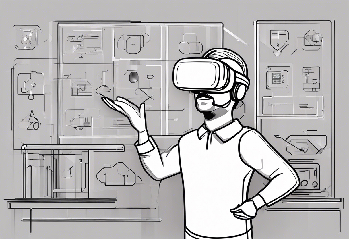 innovative game designer donning VR headset and gesturing at virtual Unity interface icons