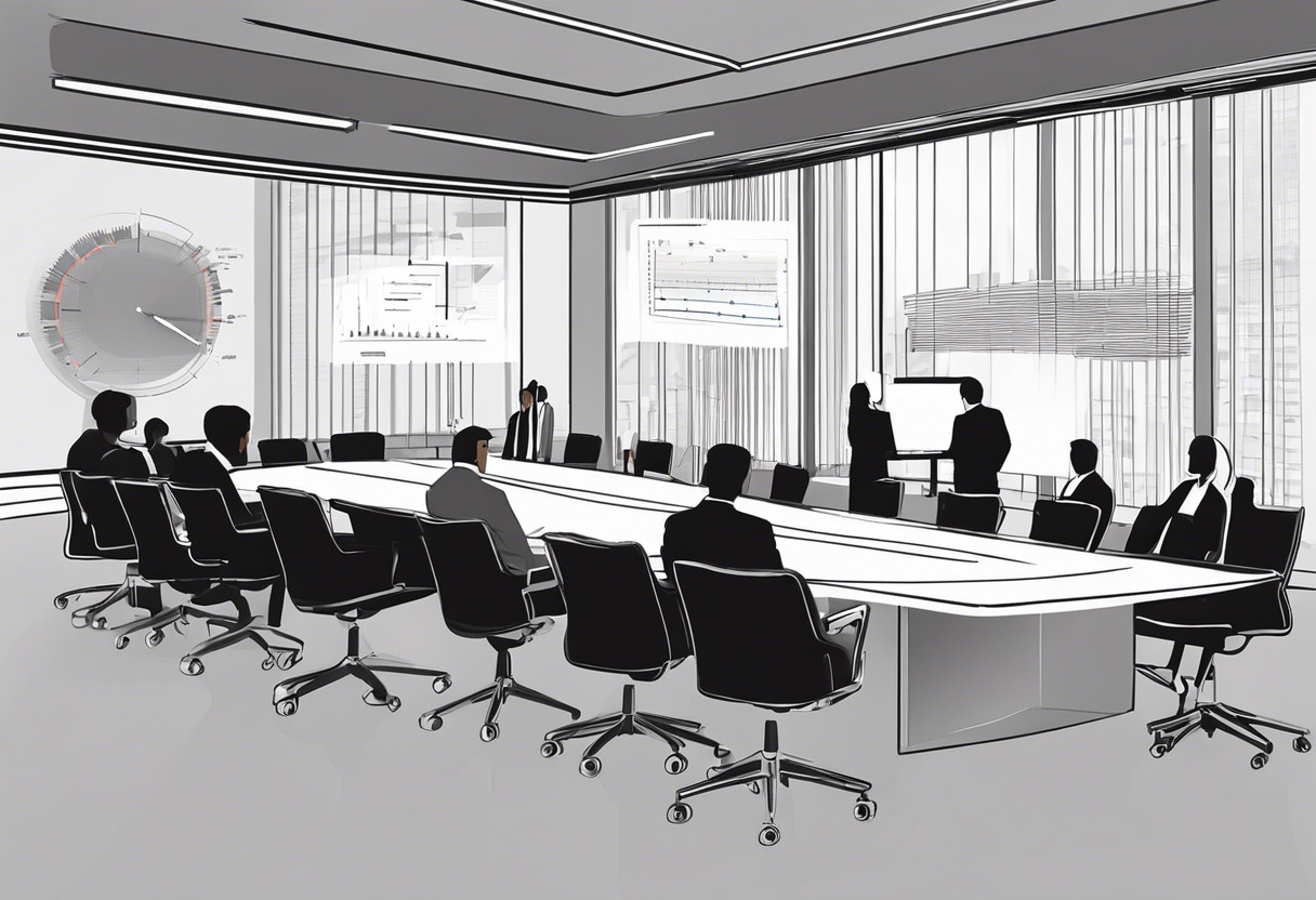 Large corporate boardroom with executives analyzing Thinkific Plus's usage reports on a giant digital screen
