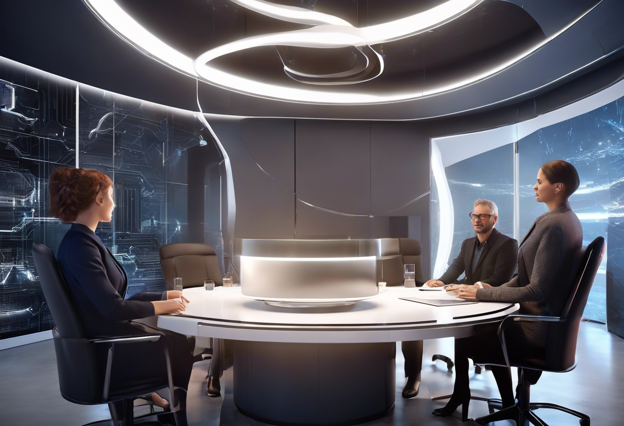 Modern enterprise leaders discussing efficiency and innovation in a futuristic workspace.