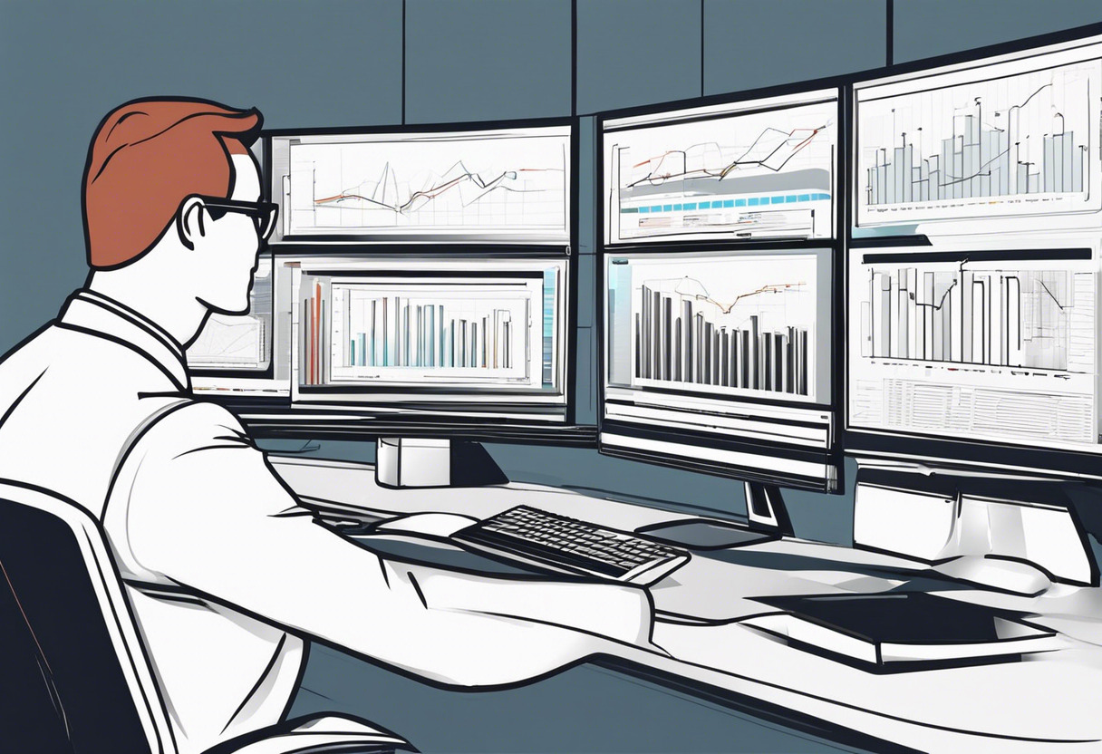 Organizational executive analysing data on multi-screen setup