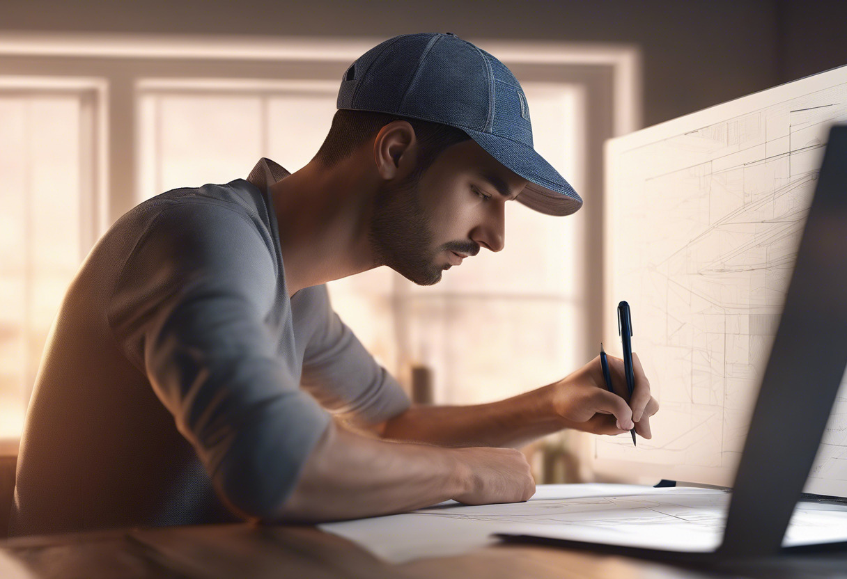 Pensive web designer with a stylus pen in hand scrutinising design template