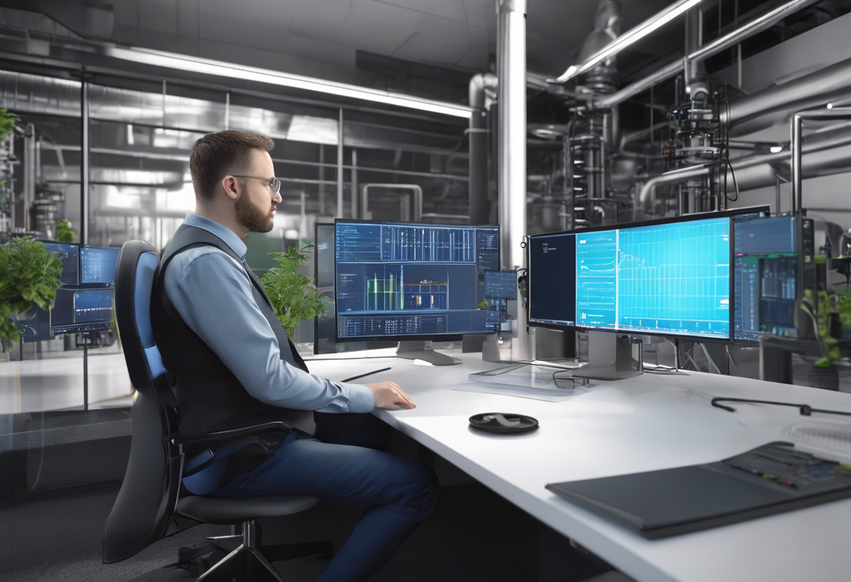 Plant manager monitoring industrial processes with SCADA on computer