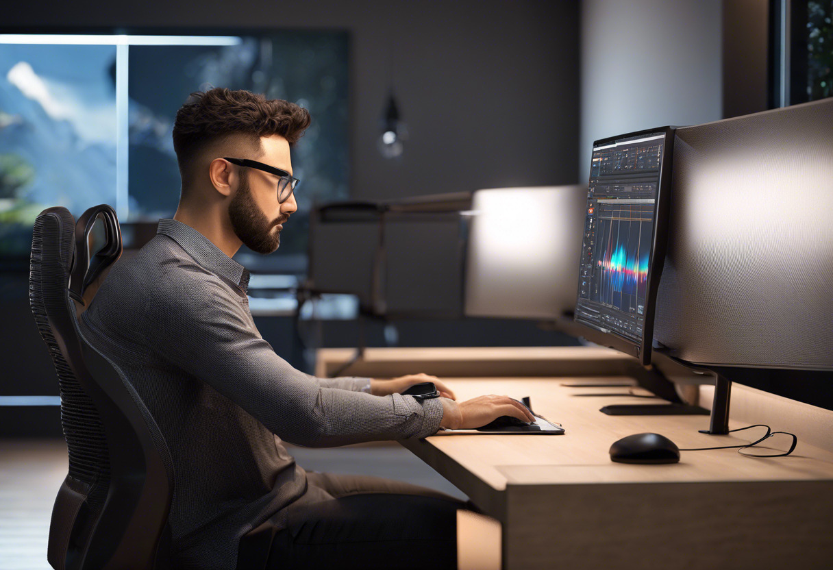 professional 3D modeler working on high-end graphics with a dual-monitor setup