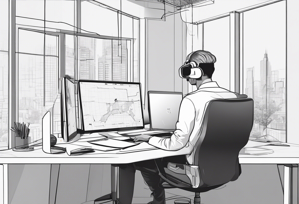 Professional user at a large desk, analyzing VR content on the HP Reverb G2 headset