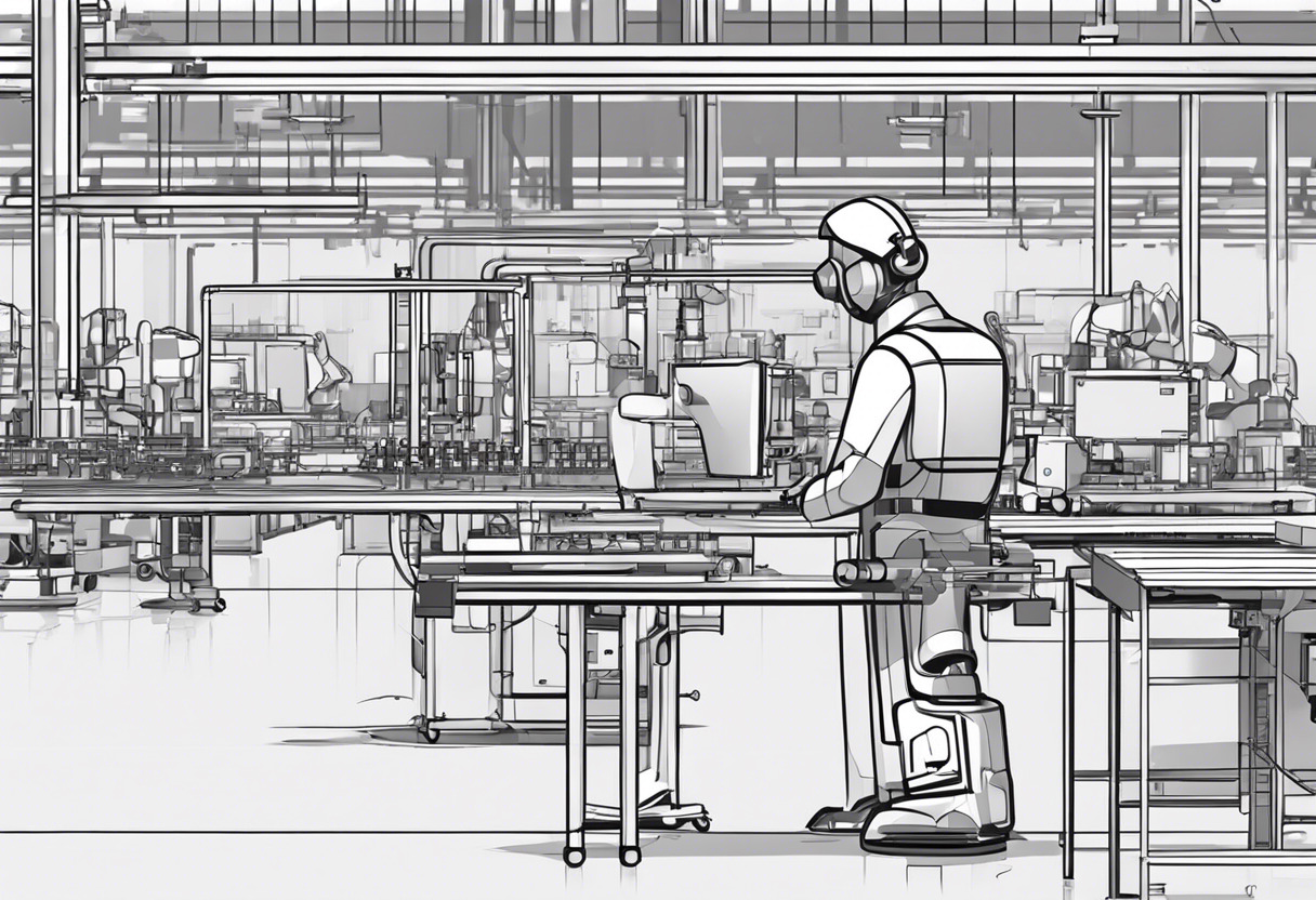 Robotics engineer monitoring automated assembly line