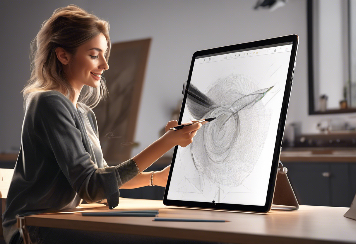 Sketch artist happily creating a detailed digital drawing on her iPad using an Apple Pencil and Procreate