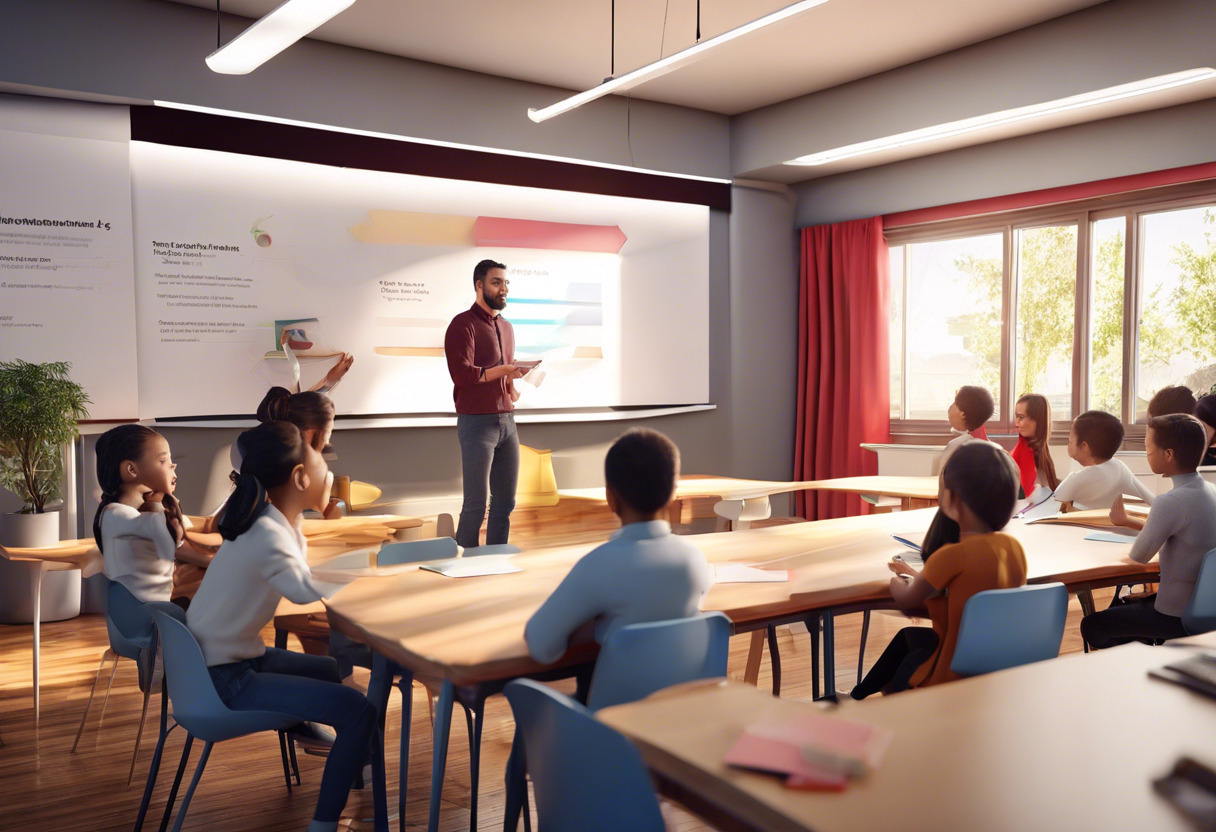 Teacher educating students using Canva's engaging presentation design