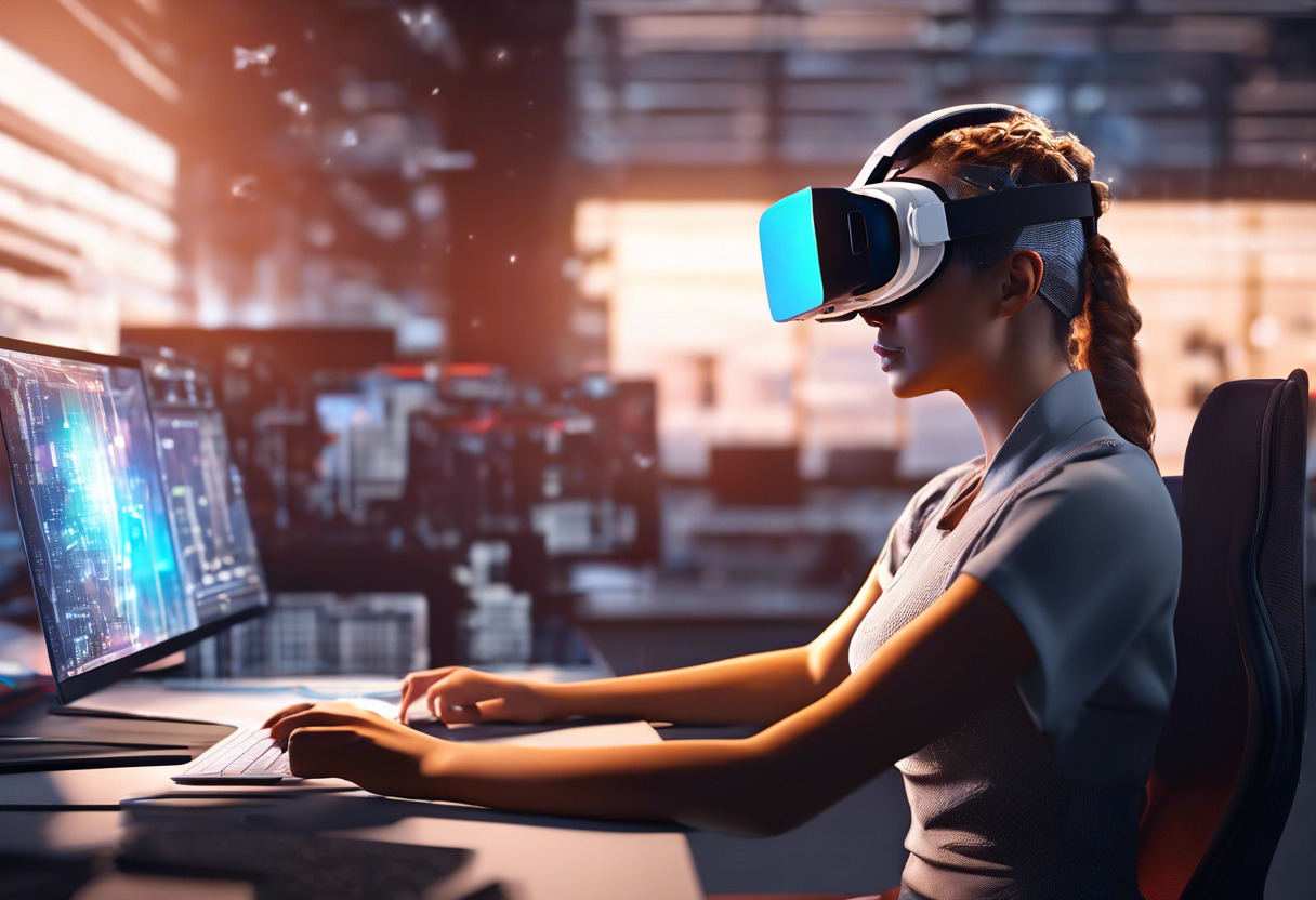 virtual reality game developer, coding in her technologically advanced workspace