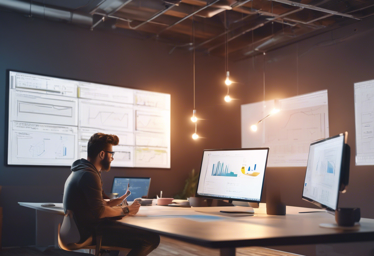 Web designer brainstorming on a whiteboard, while coding on a dual-screen setup in a bright workspace