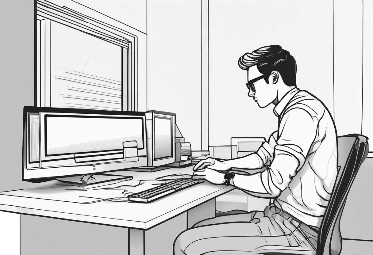 Web developer typing code on a computer, in a bright office