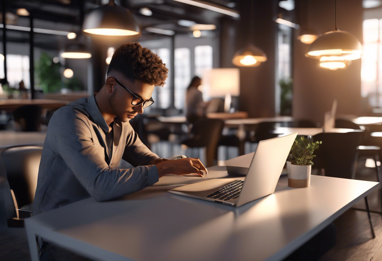 young entrepreneur using Inkscape on a laptop in a modern co-working space